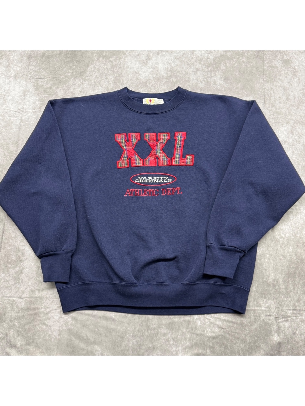 Vintage 90s Embassy Varsity Originals Plaid Crewneck Sweatshirt USA Boxy XL Navy